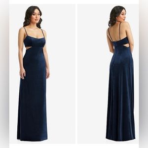 Navy velvet dress, cut out sides, long leg slits, stretch, tie open back, long